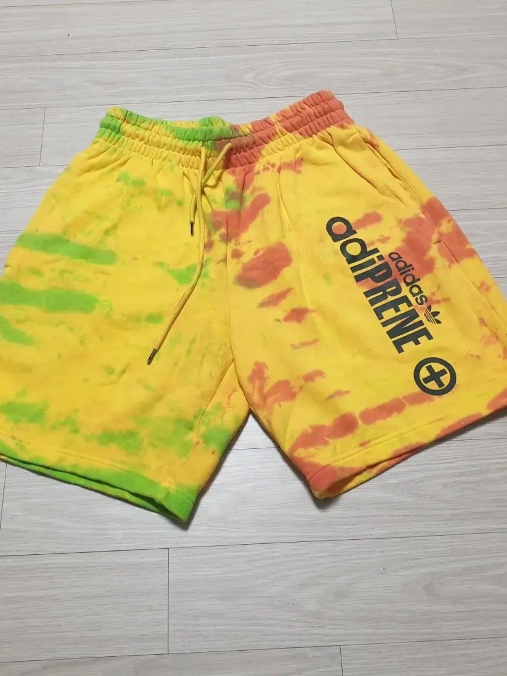 adidas Yellow Tie-Dye Adiprene Shorts with Green & Orange Accents